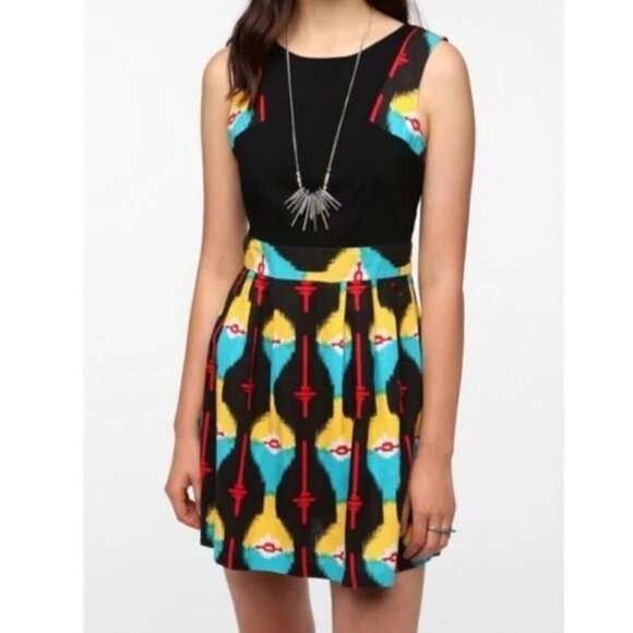 Anthropologie Staring at Stars Linen Blend Dress Womens 4 Aztec Ikat Black Artsy - Picture 1 of 6